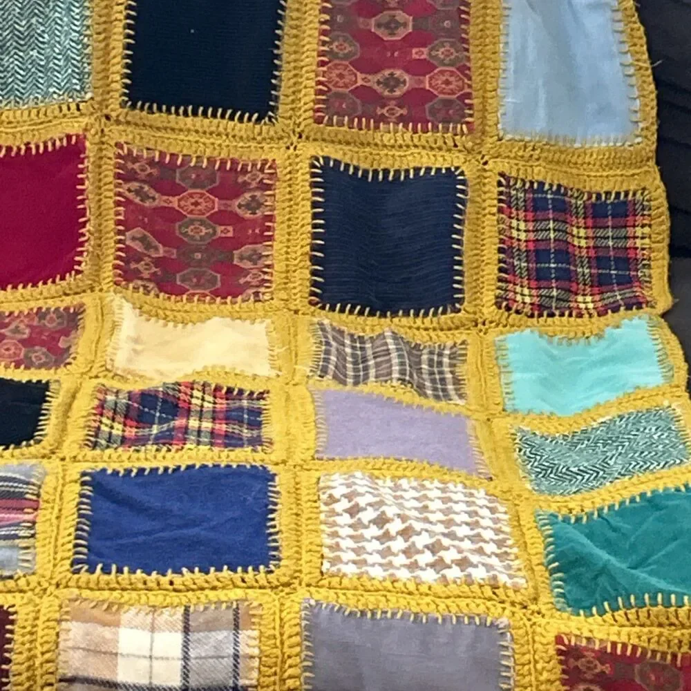 Vintage Handmade‎ Patchwork Crochet Blanket Throw Afghan Multi Color Square Knit